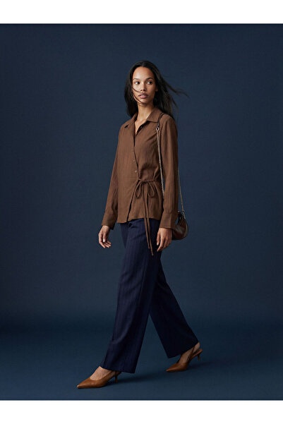LC Waikiki Navy Blue Elastic Waist Striped Women's Pleated Trousers