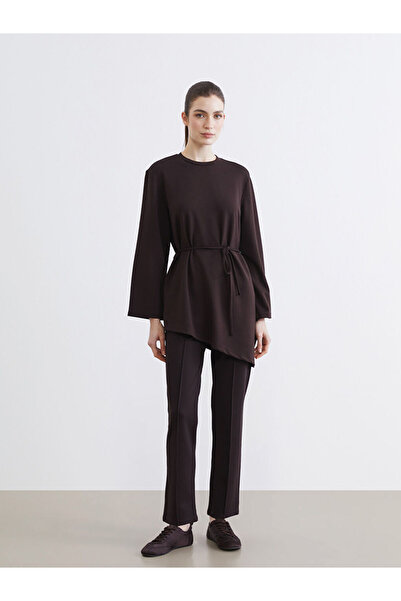 LC Waikiki Καφέ ψηλόμεσο γυναικείο παντελόνι σε στενή γραμμή