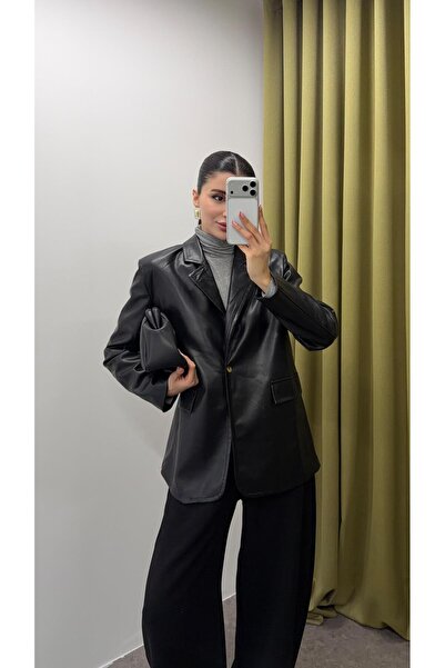 HAZELANNA Black Leather Blazer Jacket