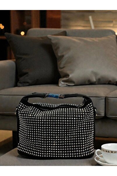 DEZ STORE Black Women's Hand and Shoulder Bag with Stone Detail
