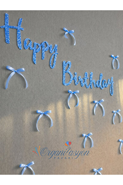 Organizasyon Pazarı Mavi Simli Happy Birthday Yazısı ve Kurdele Fiyonk Doğum ...