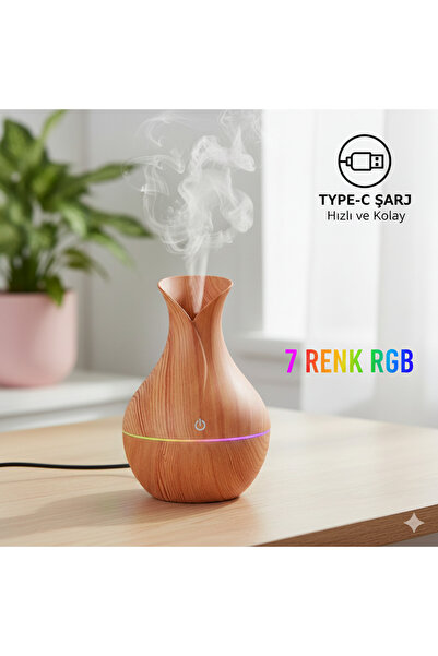 PRİME HOME Şarjlı Ahşap Vazo Görünümlü Buhar Makinesi - 7 Renk RGB Işıklı Aro...
