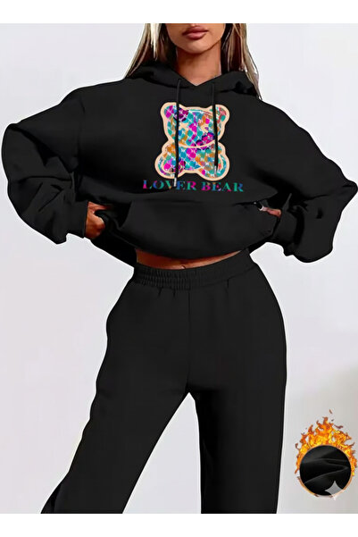 WOODROFFE Lover Bear Printed Hooded Alt Üst Oversized Women's Black Gray Trac...