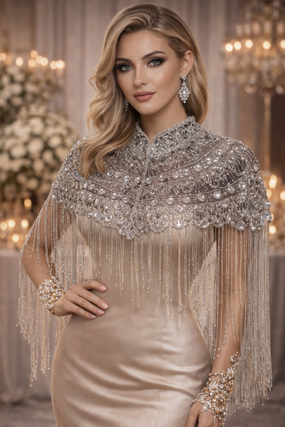 CROCUS DESIGN Gümüş taş tasarım boncuk saçaklı pelerin omuz aksesuarı