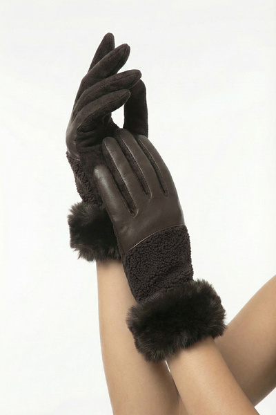 robanu فرو نسائي من صوف الخراف البني، جلد سويدي مع أساور من الفرو المخملي وقف...