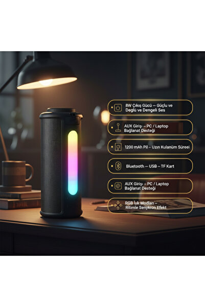 Kılıforyum RGB Işıklı Taşınabilir Bluetooth Hoparlör — 8W Güçlü Ses • 1200 mA...