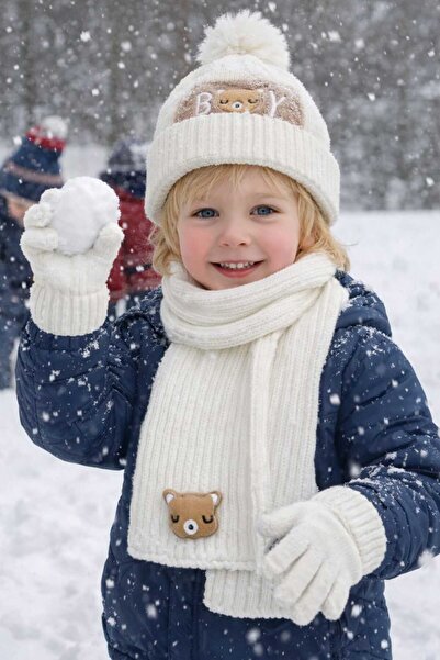 Recos طقم قفازات وقبعة للأولاد مع بطانة من الصوف وتصميم دب