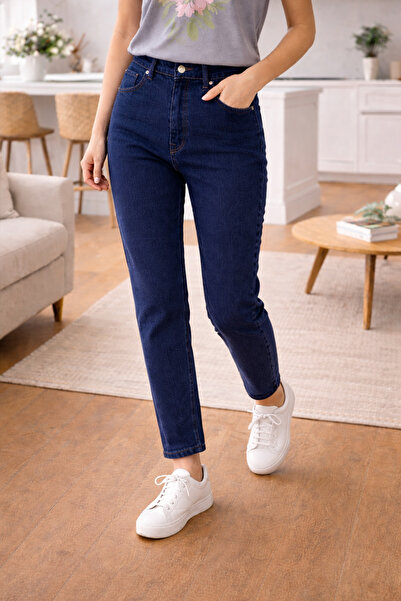 DELDNM Scarlet Women's Dark Blue High Waist Stretch Fabric Trend Mom Jean