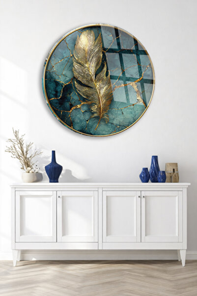 TAULART Turquoise Marble Floor Golden Feather Luxury Decor Unbreakable Glass ...