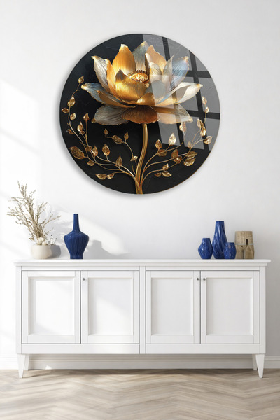 TAULART Black and Gold Flower Pattern Decorative Unbreakable Glass Table