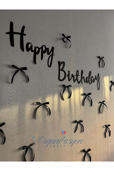 Organizasyon Pazarı Siyah Happy Birthday Yazısı ve Kurdele Fiyonk Doğum Günü ...
