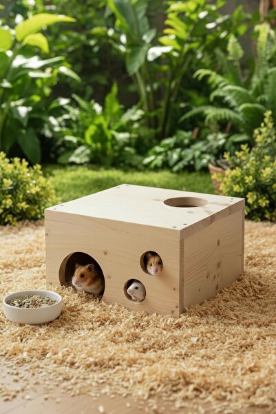 Alyones Kurutulmuş Çam Ahşap Chinchilla Oyun Evi – Doğal, 28.6 × 28.6 × 15.9 cm