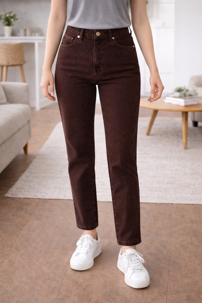 DELDNM Scarlet Women's Brown High Waist Stretch Fabric Trend Mom Jean