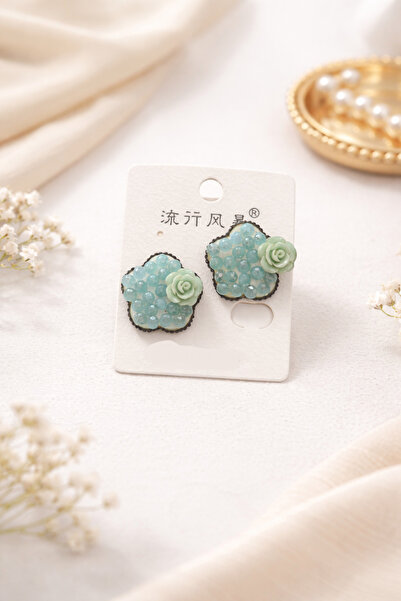 TChic Turquoise Color Rose Detailed Stone Flower Earrings