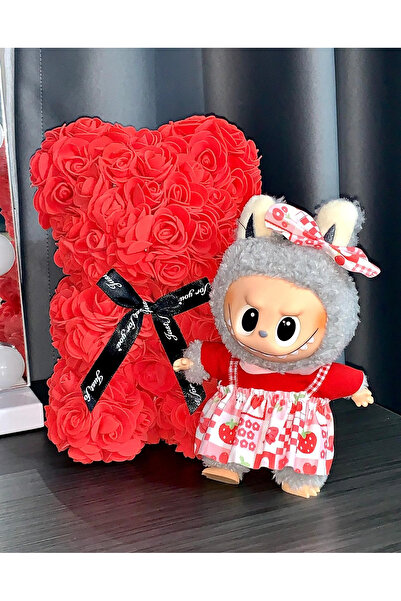 OEM Cadou Labubu si Ursulet din Trandafiri 25cm cu Flori de Spuma, in Cutie T...