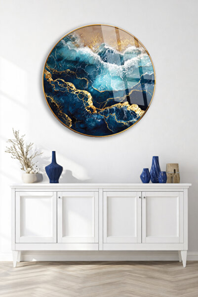 TAULART Abstract Blue Wave and Golden Vein Pattern Unbreakable Glass Painting