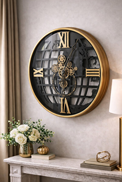 hediyeconcepti Dünya Haritası Desenli Mekanik Dişli Duvar Saati – Altın Detay...