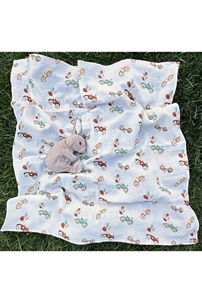 LİYABABYY Araba Desenli Çift Kat Müslin Bebek Battaniyesi