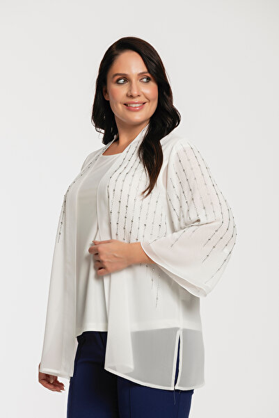 MİYORO Women's Plus Size Blouse Suit with Stick Stone Motif Jacket