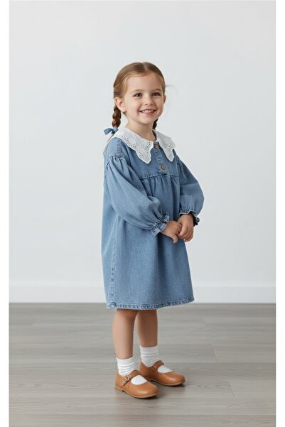 FURYATEX Дънки рокля за момичета с дантелен яка и дълги ръкави