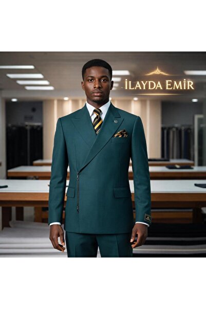ilayda emir تصميم خاص، ياقة كيرلانجتش، قصة ضيقة، 6 دروب، بدلة بسحاب، أخضر