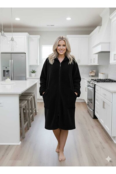 MOONSAND Black Wellsoft Plush K Hooded Unisex Robe Front Zippered Robe