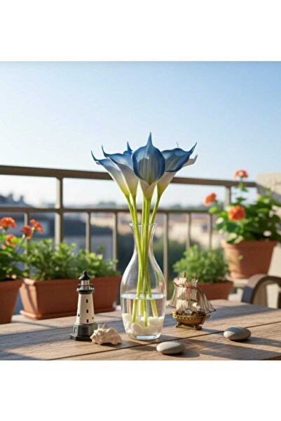 ENRUFLORA زهرة جالا اصطناعية من 8 قطع باللونين الأزرق والأبيض، تزيين طاولة لل...