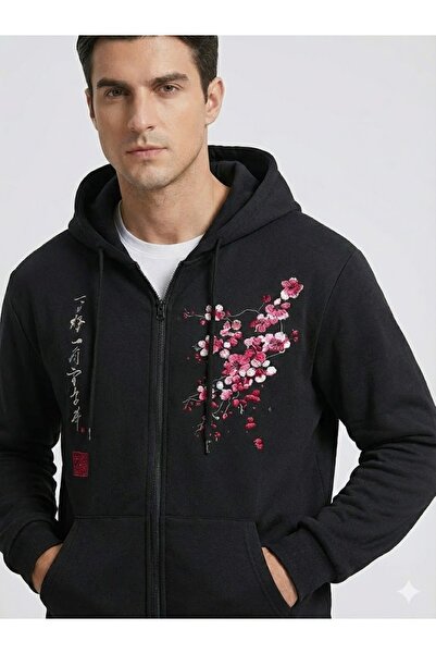 PENTHİLUS Men's Black Cherry Blossom (Sakura) and Chinese Calligraphy Printed...