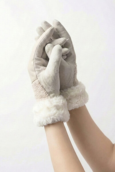 robanu Women's Beige Lambswool Fur, Suede with Plush Fur Cuffs and Leather-Lo...