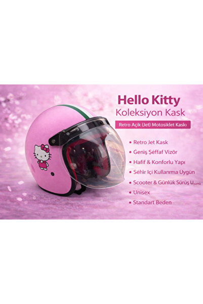 TİEN MOTOR Hello Kitty Temalı Retro Açık (Jet) Motosiklet Kaskı Vizörlü Unise...