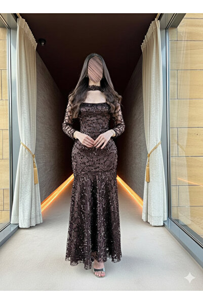 elin Liora's brown embroidered evening dress