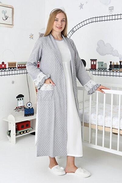 quilling Gri Renkli, Puantiyeli Uzun Kollu, 2308 2li Sabahlıklı Hamile Geceli...