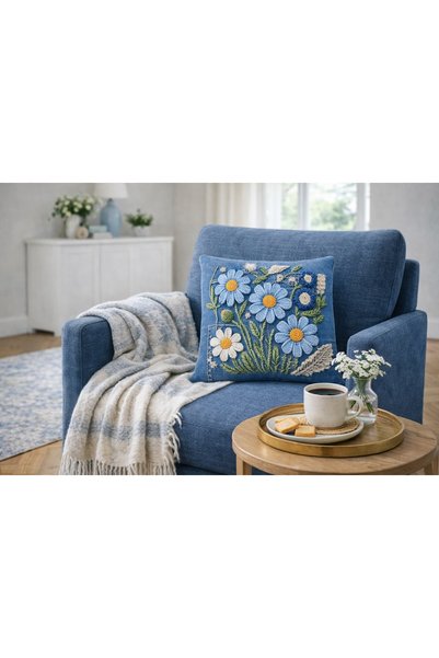 MİNOZA Digital Printed Knitted and Denim Textured Decorative Throw Pillow Cover with Floral Motifs