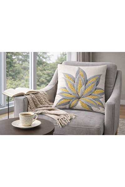 MİNOZA Digital Printed Gray Ground Leaf Patterned Decorative Throw Pillow Cov...