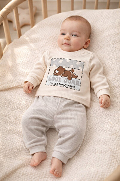 MYZİ STORE Baby Kids 2-Piece Set Cool Bear Printed Ecru Ribbed Sweatshirt + G...