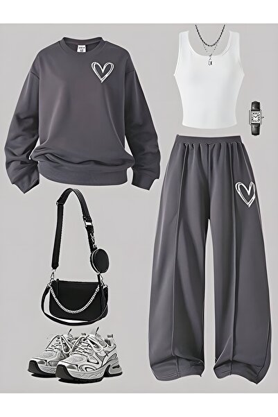 Kids Beyaz Kalp Baskılı 3 lü Füme Kışlık Takım