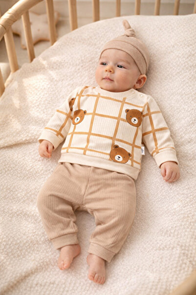 MYZİ STORE 3-Piece Baby Set Bear Patterned Ecru Sweatshirt + Khaki Pants + Kn...