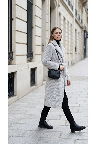 NESHA GROUP Yumuşak Dokulu Genel Tekstil Kadın Gri Peluş Kemerli Uzun Kaban Ş...