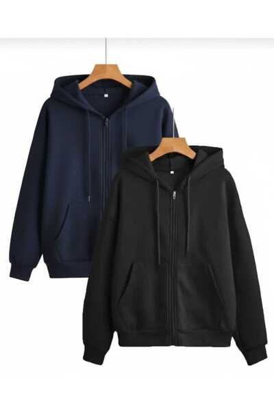 QAST GİYİM SANATI Unisex Lacivert ve Siyah Mevsimlik Hırka 2İplik rahat kesim