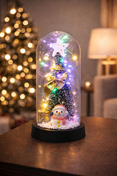 hediyeconcepti Cam Fanus İçinde Renkli LED Işıklı Yılbaşı Ağacı & Kardan Adam...