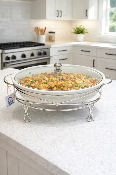 Urbanza Round Chafing Dish with Glass Lid & Metal Stand – 2.2 Liter Serving Bowl
