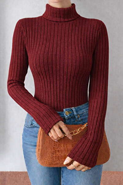 ÖZ PAMUK Full Turtleneck Knitted Ribana Fabric m Transitional Long Sweater Bluz