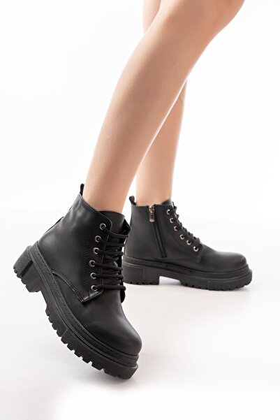 Zerenyus ZRİN-2129 Premium Μαύρες Γυναικείες Μπότες με Κορδόνια και Φερμουάρ ...