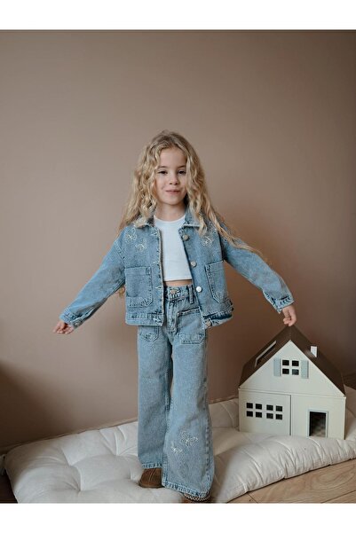 CARLA MARA Girls' Floral Printed Pocket Denim Double Suit Jacket Pants