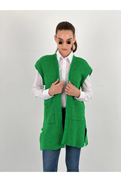 Miss Poem Women's Green Buttonless Pocketed Long Knit Cardigan
