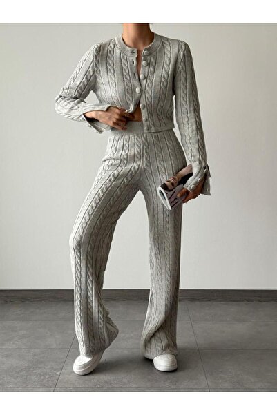hillone Knitwear Cardigan, Trousers Hair Knit Detailed Double Set
