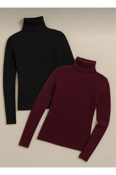 VALERO Women's Black Claret Red 2-Pack Corded Fabric Turtleneck Cotton Turtle...