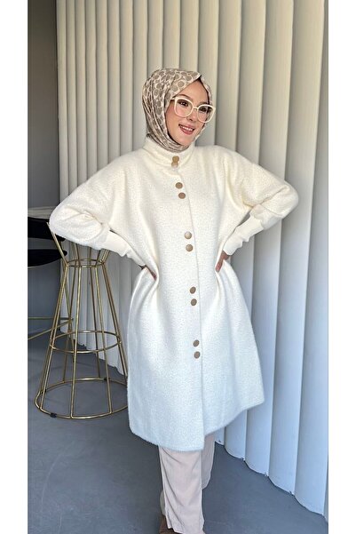 Homay سترة نسائية طويلة من قماش الأنغورا بتصميم مريح ومزينة بأزرار