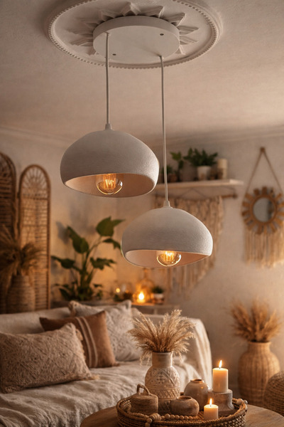 Rekatech Beton Görünüm 2 Li Sarkıt Avize Bohem Modern Rustik (E27 Ampul HEDİY...