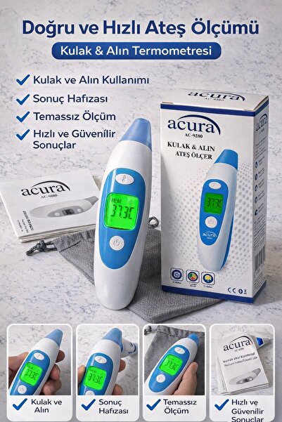 Acura AC-9280 Kulaktan Ateş Ölçer, Alından Ateş Ölçer, Çantalı, 3 Renk Ekran,...